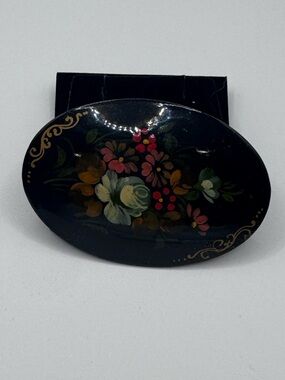 Vintage Hand-Painted Floral Oval Brooch in Black